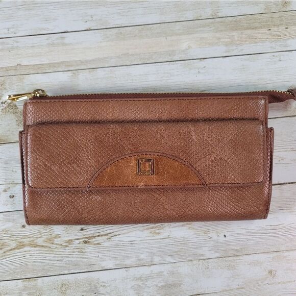 Lodis Tan Reptile Snake‎ Embossed Large Zipper Wallet - Picture 1 of 12